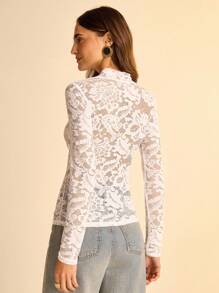 CAJUNI Women's Lace V-Neck Long Sleeve Slim Fit Fashion Blouse-Fall Clothes-Going Out Outfits - White - View 2