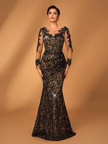 Serin Váy đuôi cá ren co giãn thêu sequin tay ảo ảnh màu đen sang trọng thanh lịch, thích hợp cho đám cưới, tiệc tùng, kỳ nghỉ, dạ hội, buổi tối, váy mẹ cô dâu - màu đen - Xem 4