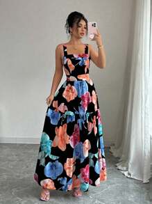 Elenzga Đầm suông hở eo họa tiết hoa dành cho nữ mặc đi nghỉ, đi làm và mặc hàng ngày - màu đen - Xem 4