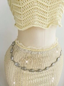 Comfortcana 加大码春季亮片腰链长裙，带褶皱，适合浪漫度假派对 - 米色 - 查看 6