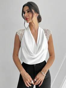 Firerie Damen elegante, delikate, romantische, neue Mode Musik Festival Alltag/Pendeln/Urlaub locker sitzende Bluse mit Spitzeneinsatz in Weiß