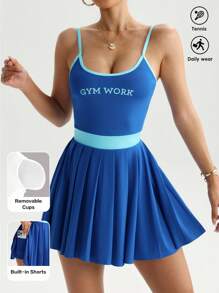 SHEIN Sports Rochie sport camisol plisată cu imprimeu cu litere în blocuri de culori pentru femei