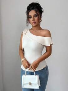 Elenzga Women's Elegant Apricot Oblique Shoulder Fitted T-Shirt With Bowknot Decor