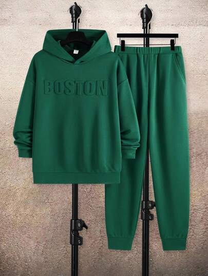 SHEIN 2pcs Set Teen Boys Casual Comfortable Solid Color Embossed Graphic Hoodie And Sweatpants Suit Fall Winter