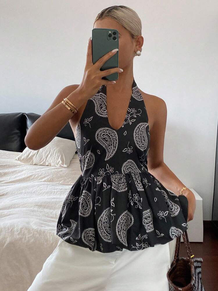 Women's Casual Halter Neck Backless Floral Print Tank Top, Suitable For Vacation In Autumn Cruise Boho