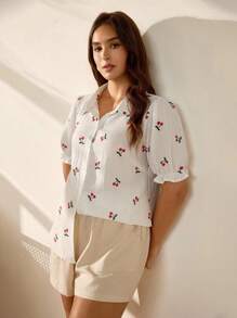 EMERY ROSE Camisa de manga abullonada con estampado de cerezas de talla grande, estilo casual de verano con estampado aleatorio - Blanco - Ver 9
