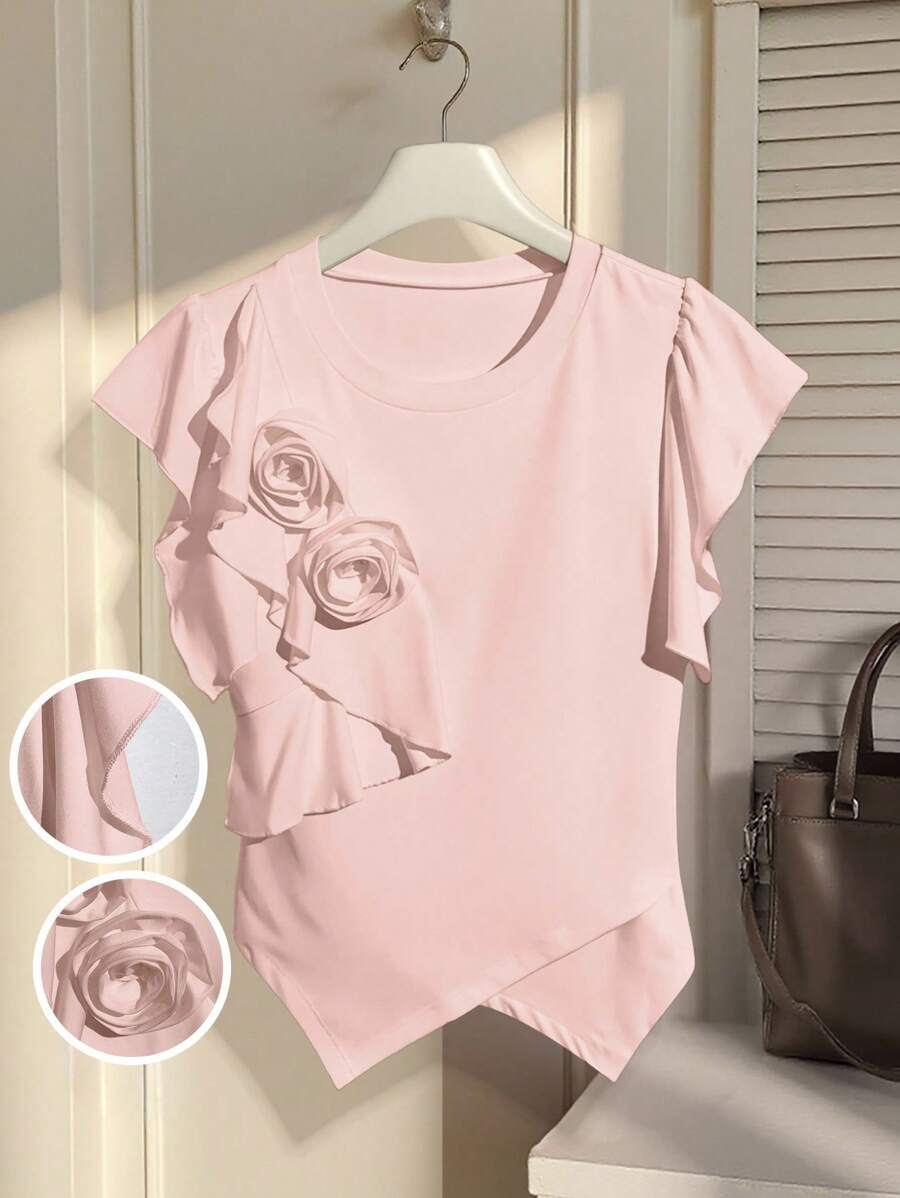 SHEIN Privé 女士 3D 玫瑰装饰圆领纯色 T 恤 - 淺粉色 - 查看 1