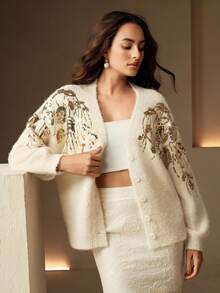 Anewsta 女士刺绣亮片灯笼袖针织开衫，秋冬 - 杏色 - 查看 3