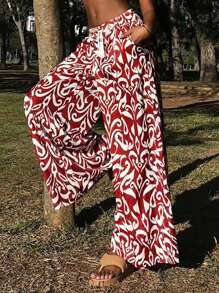 DAZY 波西米亚风印花高腰抽绳宽松阔腿裤休闲运动裤轻薄夏季 - 酒紅色 - 查看 6