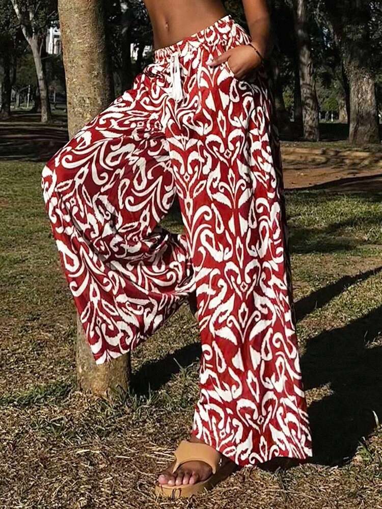 Bohemian Style Printed High Waist Drawstring Loose Wide Leg Pants, Casual Sweatpants, Lightweight Summer