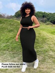 SHEIN EZwear 淺色針織女士上衣和裙子套裝 - 黑色 - 查看 1