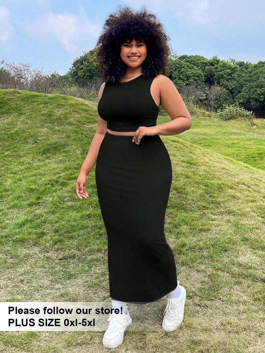 SHEIN EZwear 淺色針織女士上衣和裙子套裝 - 黑色 - 查看 1