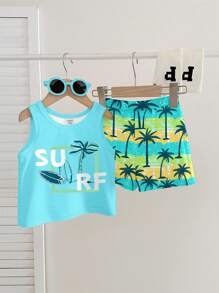 SHEIN Ținută casual minimalistă, moale și confortabilă pentru bebeluși băieți, potrivită pentru primăvară/vară, ținută de plajă pentru bebeluși băieți, ținută de vară pentru bebeluși băieți, ținută de vacanță pentru băieți, ținută de surf pentru băieți, haine de plajă pentru bebeluși băieți, îmbrăcăminte de plajă pentru bebeluși băieți