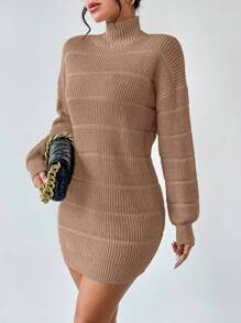 Islaluna Solid Color Turtleneck Textured Knit Long Sleeve Sweater Dress Fall Winter Cloth For Women