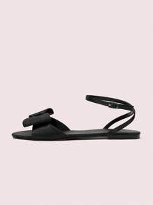 CUCCOO DOLLMOD Women's Black Satin Satin Bow Decor Round Toe Comfortable Summer Slip-On Flat Sandals, Vacation Style