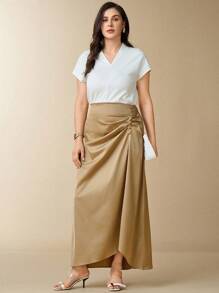 SHEIN Clasi Plus Size Women Khaki Satin Ruched Waist Buttoned Skirt, Elegant For Party, Cocktail, Wedding Fall Women Clothes Fall Clothes Fall Women Outfits
