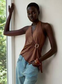 Lumivelle 无袖不对称下摆露背吊带上衣，夏季时尚 - 白色 - 查看 6