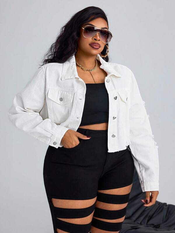 SHEIN SXY Veste en jean blanche ajustée pour femme grande taille, mode et style