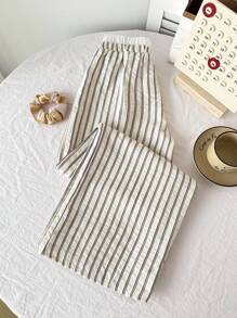 SHEIN Tween Girls' Loose Casual Comfortable Patchwork Contrast Color Striped Pants Fall Winter - Apricot - View 2