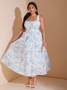 SHEIN BAE 女士大码服装 婚纱 伴娘服 迷你裙 派对服 约会服 节日服 大码女装 夏季 暑假 约会 旅行服 情人节 连衣裙 小碎花裙 野餐服 优雅连衣裙 女士夏季服装/春季服装/情人节服装/狂欢节/海滩度假服装，紧身胸衣裙 - 藍色 - 查看 1