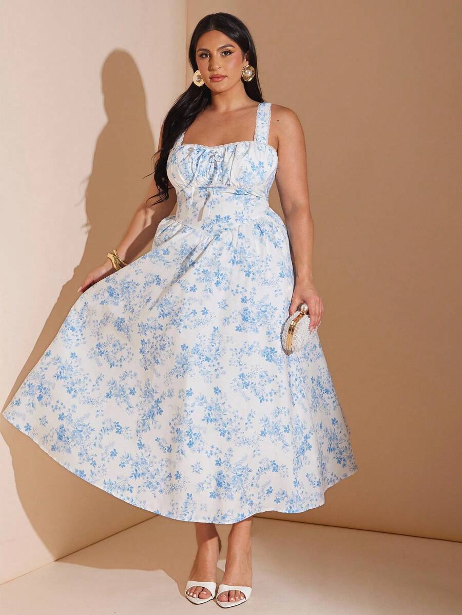 SHEIN BAE 女士大码服装 婚纱 伴娘服 迷你裙 派对服 约会服 节日服 大码女装 夏季 暑假 约会 旅行服 情人节 连衣裙 小碎花裙 野餐服 优雅连衣裙 女士夏季服装/春季服装/情人节服装/狂欢节/海滩度假服装，紧身胸衣裙 - 藍色 - 查看 1