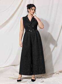 SHEIN MOD Bộ đồ liền thân ống rộng bằng vải tuýt cổ điển màu đen thanh lịch cỡ lớn, bộ đồ liền thân kiểu áo vest cổ bẻ bằng vải tuýt dành cho nữ, phù hợp để đi làm, đi làm, mặc thường ngày và những dịp trang trọng, quý cô duyên dáng - màu đen - Xem 7
