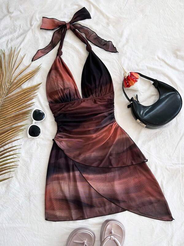 Soleia Sexy Vintage Ombre Halter V-Neck Lace Up Mesh Ruched Asymmetrical Hem Romantic Vacation Mini Dress For Women,,Summer Dresses For Women,Backless Dress