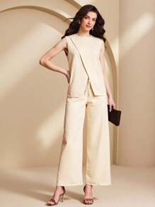 Almamuse 2pcs Women Elegant Casual Solid Color Tank Top And Pants Sets - Apricot - View 3