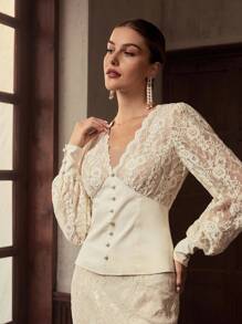 ZEYLAH ÁO BLOUSE DÀI TAY CỔ V, REN EO, THANH LỊCH, THÍCH HỢP CHO ĐẦU THU - Màu be - Xem 4