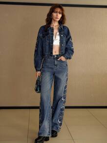 MOTF PREMIUM EMBROIDERY RHINESTONE DETAIL DENIM JACKET - Blue - View 1