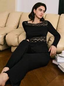 Lace Patchwork Mature Elegant Minimalist French Style Women Pajama Set, Fall Clothes - Black - View 4
