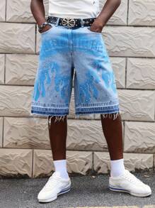 ROMWE MEN Street Life Pantalones cortos vaqueros de hombre con decoración de rhinestones e impresión, aptos para primavera/verano - Azul - Ver 6