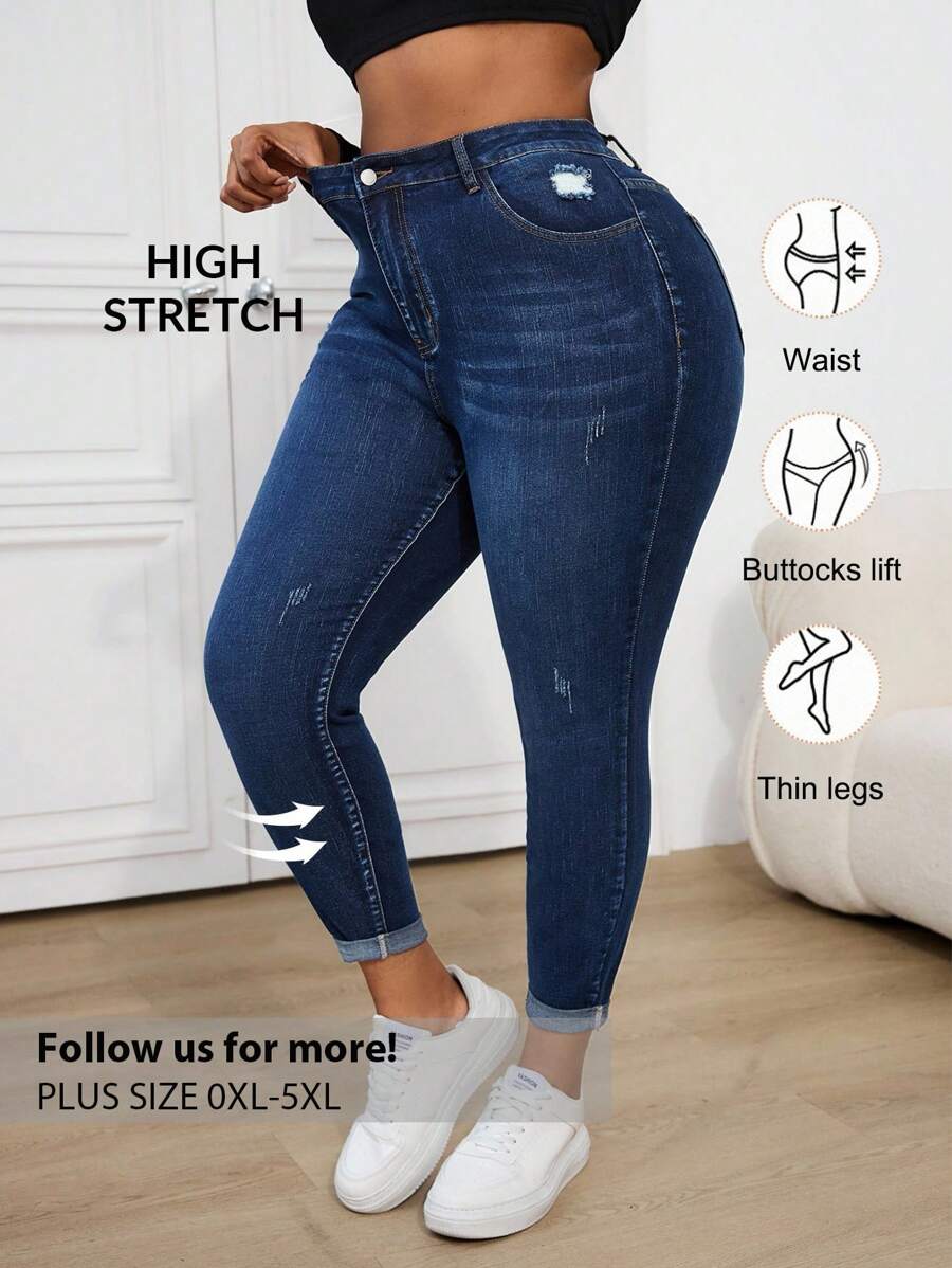 Firerie Plus Size Distressed Skinny Stretch Denim Jeans, Blue, Fall Women Clothes - Blue - View 1
