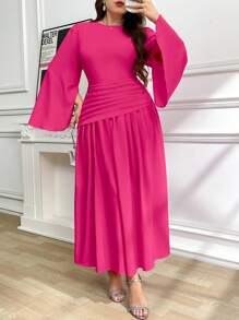Ellevyn Plus Size Women Elegant,Formal,Wedding Ninang Dress, Pleated Flare Sleeve Maxi,Blush Pink,Autumn,Mother Of The Bride,Vintage Classy Outfits - Hot Pink - View 10