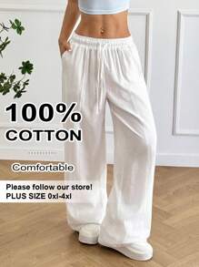 SHEIN EZwear Plus Size Women White Loose Drawstring Waist Wide Leg Baggy Pants,Pockets,Fall,Winter,Back To School,Going Out,Business Casual,Office Outfits,Work,Teacher - White - View 1