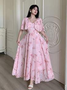 Modelyn Women's V-Neck Cape Design Floral Print Chiffon Waist Flared Dress - Pink - View 4