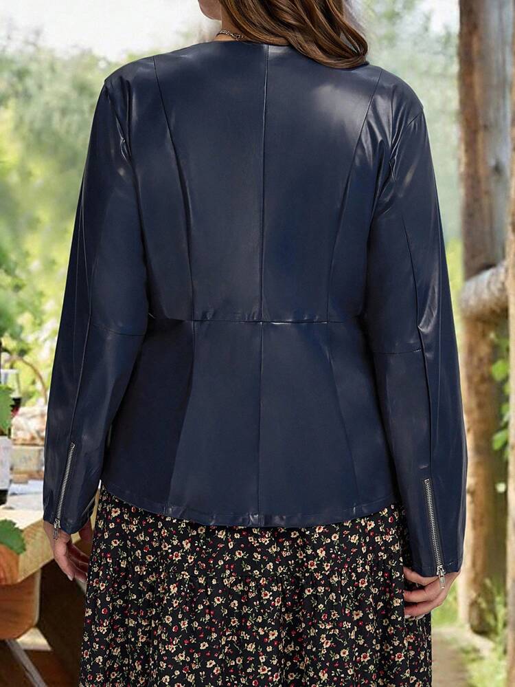 Jaqueta básica casual de uso diário, Plus Size, com zíper frontal e gola redonda, em cor sólida, para outono, inverno, escritório, volta às aulas, professores, vestuário ocidental