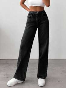 SHEIN Cottnline 100%Cotton Women's Vintage Washed Straight Leg Jeans - Black - View 5