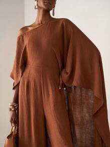 Zivah 2025 Fall/Winter Asymmetrical Neck Long Jumpsuit, Textured Fabric, Casual Wear For Music Festival, Graduation, Daily, Beach, Commute, Brown Color Brown Jumpsuit Wide Leg Jumpsuit Lantern Sleeve Jumpsuit Rust Brown Jumpsuit Earthy Jumpsuit - Brown - View 7