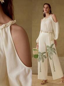 MOTF PREMIUM 亚麻褶饰镂空衬衫