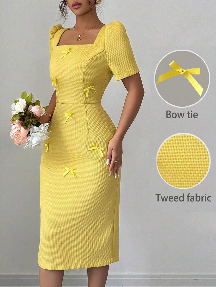Modelyn Vestido de mujer de tela de tweed amarillo encantador, con cuello cuadrado, mangas cortas y detalle de moño, diseño elegante de longitud hasta la rodilla - Amarillo - Ver 1