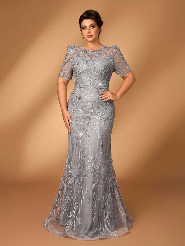 Serin Plus Size Elegant & Romantic Mint Green Round Neck Mid-Sleeve Sheer Beaded Mesh Splice Formal Party Dress, Mother Of The Bride