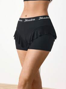 Menodora SHEIN Sport 女式字母印花拼接荷叶边下摆运动短裤 - 黑色 - 查看 4