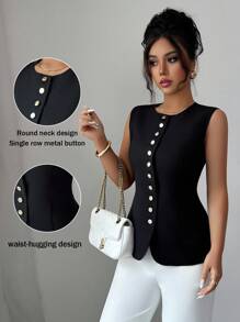 Elenzga 女士简约无袖金属翻领休闲西装外套 - 黑色 - 查看 1