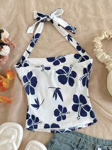 SHEIN Áo ba lỗ in hoa giản dị cho bé gái tuổi mới lớn, thiết kế cổ yếm, cạp chun, thoải mái và tối giản - Màu xanh lam - Xem 2