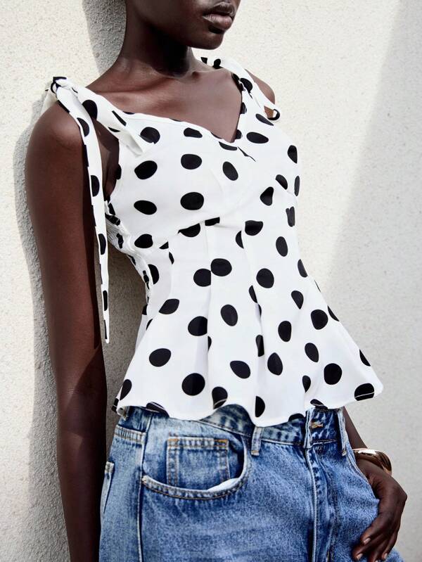 Lumivelle Blusa da donna con vita annodata, arricciata, a pois e maniche arricciate