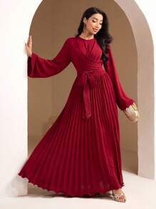 Veilorie Women's Elegant Solid Color Ruched Flared Sleeve Dress