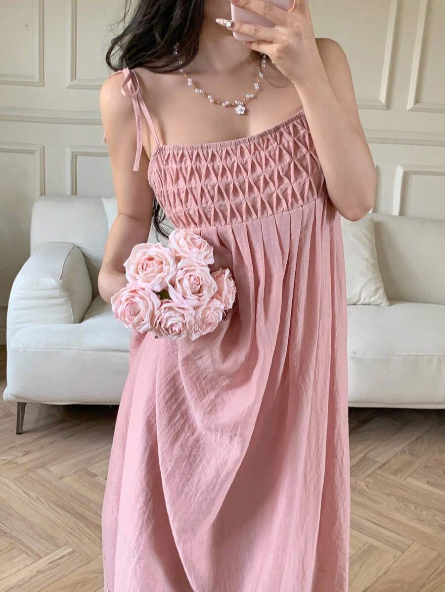Modelyn 女式优雅纯色夏季褶皱长款吊带裙 - 珊瑚粉 - 查看 1