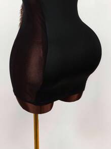 Amplova Fuzzy Yarn & Mesh Patchwork Bodycon Mini Dress Brown Fur Dress - Black - View 8