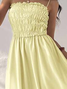 Aloruh Women's Solid Color Frill Trim Maxi Spaghetti Strap Dress, Vacation Style - Light Yellow - View 9